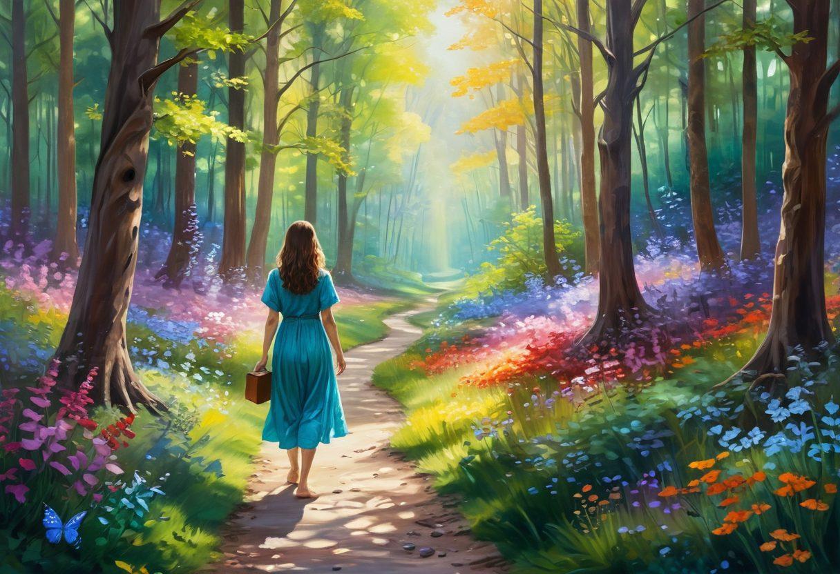 A serene landscape depicting an INFP walking through a vibrant forest, surrounded by blooming flowers and soft sunlight filtering through the trees. The character is introspective, capturing the essence of emotional depth and tranquility, symbolizing the journey from ecstatic moments to peaceful fulfillment. Include whimsical elements like butterflies and flowing streams to enhance the sense of contentment. painting. vibrant colors. soft focus.