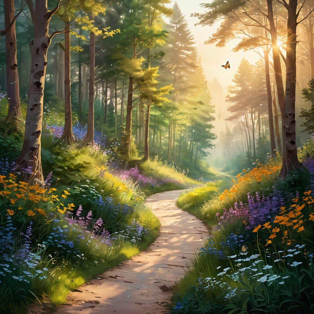 A serene landscape depicting a winding path through a lush forest under a soft, golden sunlight, symbolizing the INFP's journey. Include a figure gazing contemplatively at vibrant wildflowers, embodying joyfulness and self-discovery. Ethereal butterflies flutter around, representing transformation and freedom. Use soft pastel colors to evoke a sense of peace and harmony. dreamy art style. vibrant colors. 3D.