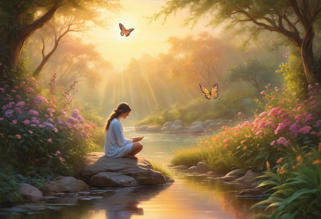 A serene landscape embodying tranquility, featuring a butterfly emerging from a vibrant flower under a golden sunrise. Gentle streams winding through lush greenery symbolize inner peace, while soft pastel colors reflect elation. An INFP figure meditating in a peaceful corner enhances the soulful essence. fantasy art. soft lighting. pastel colors.